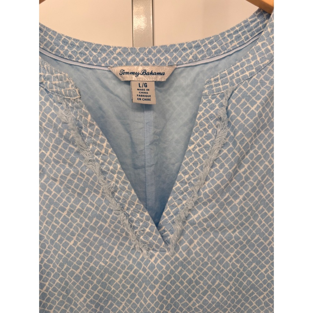 Tommy Bahama Womens Blue White Lattice Linen Fringe V-Neck Shift Dress Large - Picture 3 of 7